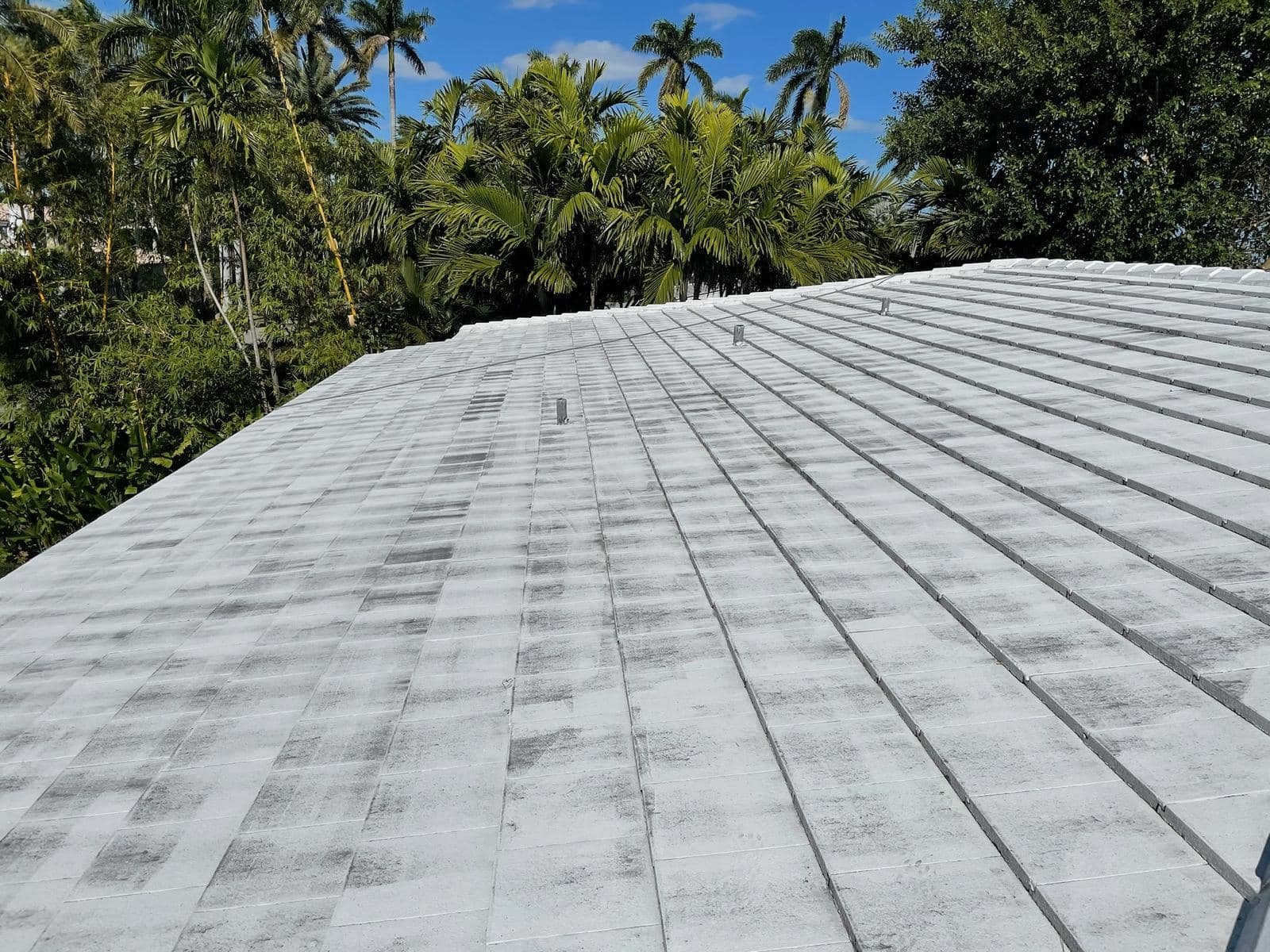 Wide view of a freshly soft washed flat roof — Finesse Cleaning, South Florida