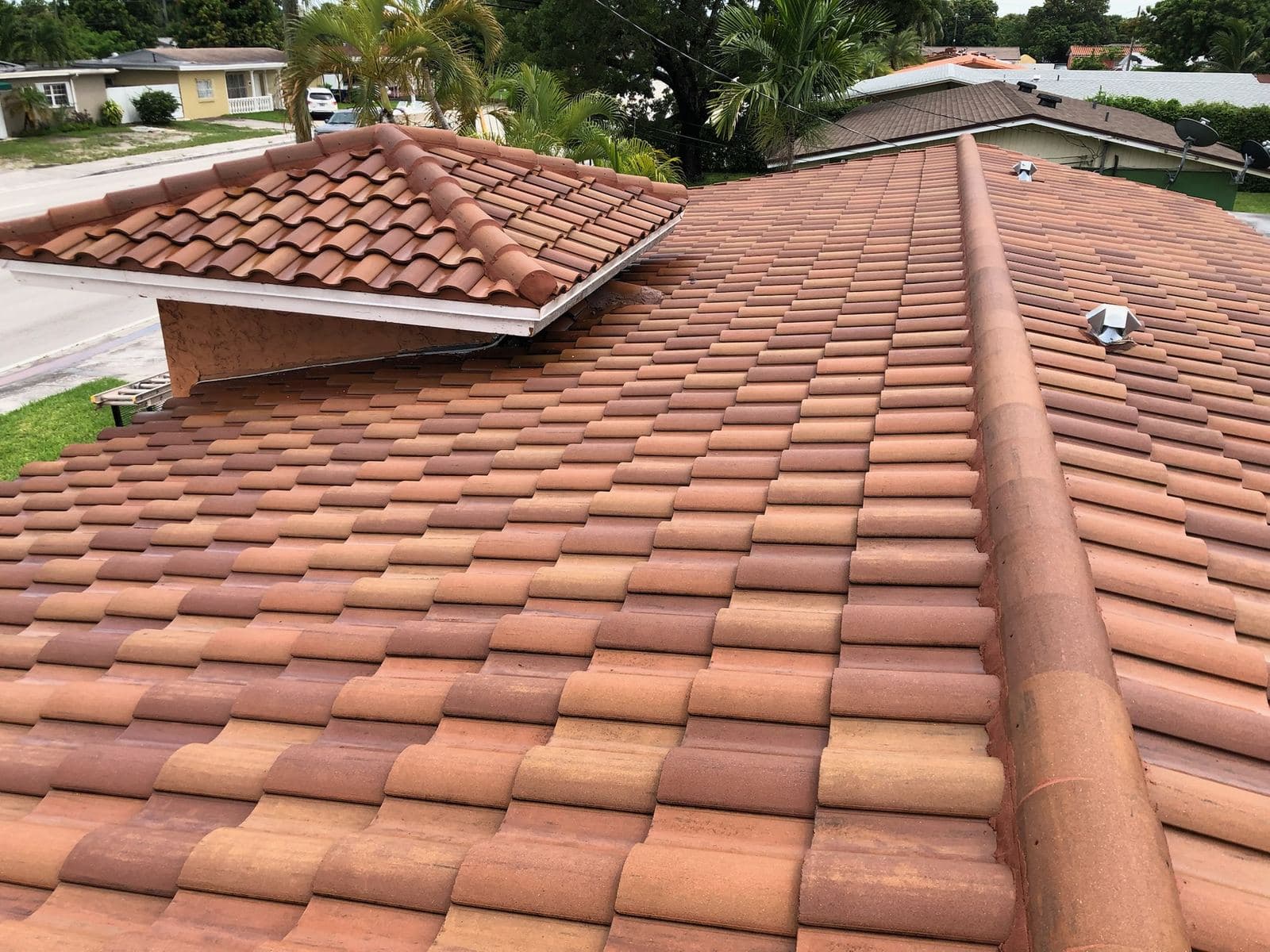 Clean terracotta tile roof after soft washing — Finesse Cleaning, South Florida