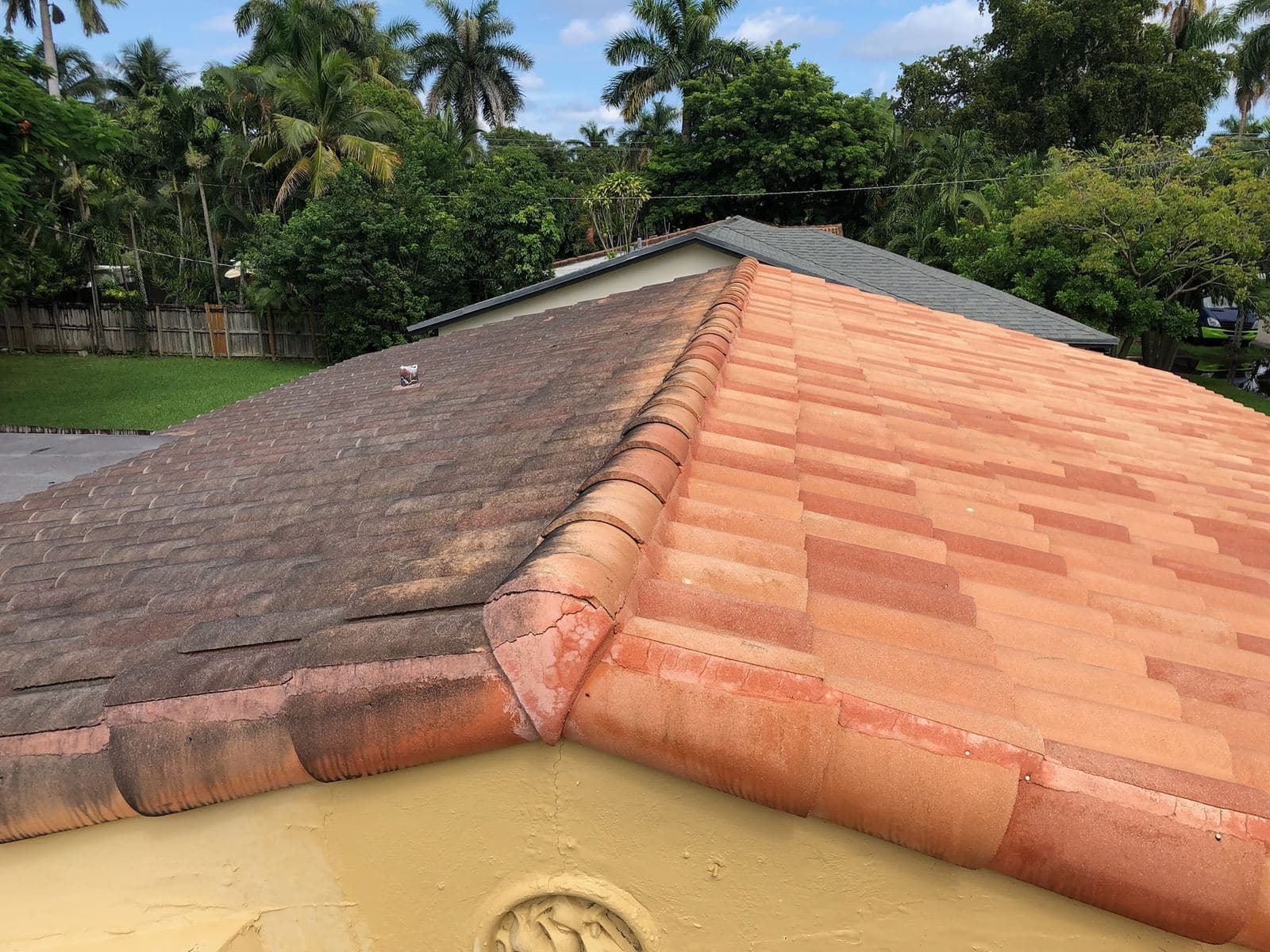 Tile roof corner close up after soft washing — Finesse Cleaning, South Florida